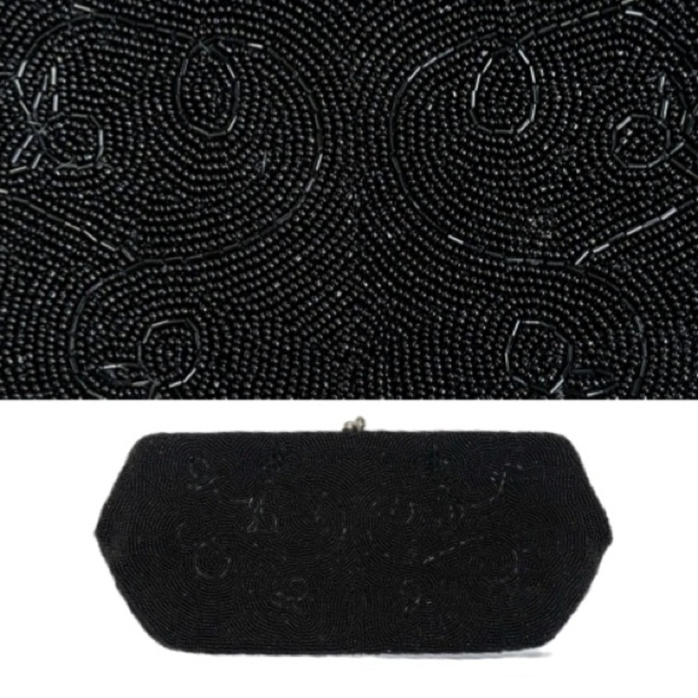 Vintage Black Beaded Clutch with Rhinestone Closure Formal Evening Purse Bag